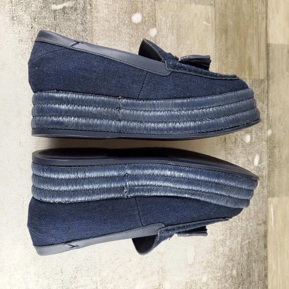 Franco Sarto Tremont Womens Platform Loafers Shoes Sz 7.5 M Denim Sabric Tassel
